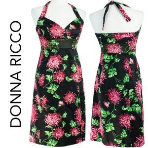 Donna Ricco Pin-Up Halter Dress – Retro Floral Black Red Green – Size 6